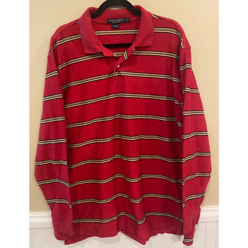 Daniel Cremieux Mens XL Red Striped Long Sleeve Polo Shirt‎ EUC